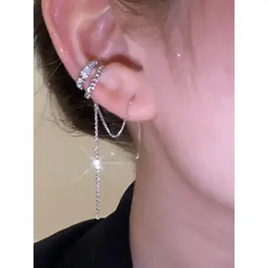 Silver Plated Crystal Chain Ear Cuff - Double Layer No Piercing Earring