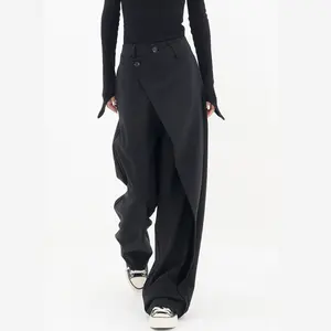 Asymmetrical Layer Button Wide Leg Dress Pants
