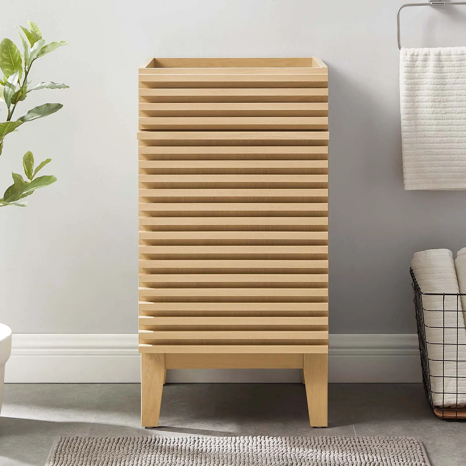 Modway Render 18-in Modern Wood Bathroom Vanity Cupboard with Adjustable Shelves for Organization, Oak Finish (Sink Basin Not Included), Design