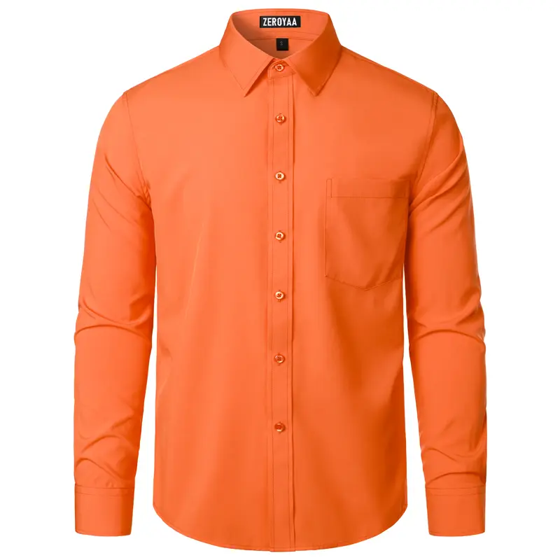 ZEROYAA Men's Regular Fit Orange Dress Shirt Solid Wrinkle-Free Long Sleeve Casual Business Button Up Shirts with Pocket Camisa de Vestir Mens 4th of July Shirt Sublime Shirt Beige Top Polyester Fabric Menswear