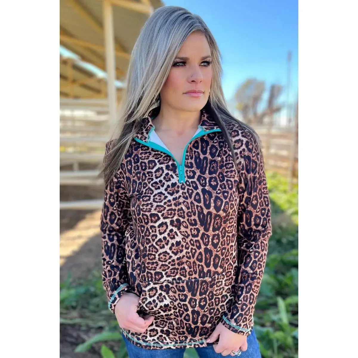 Women's Animal Print Quarter-Zip Pullover Hoodie - Long Sleeve Cotton Rayon Spandex Blend Sweatshirt with Turquoise Zipper, Women's Tops, Leopard, Sweatshirts, Clothes, Zip Neck, Doble Chest Size, Longsleeves, Wild Look