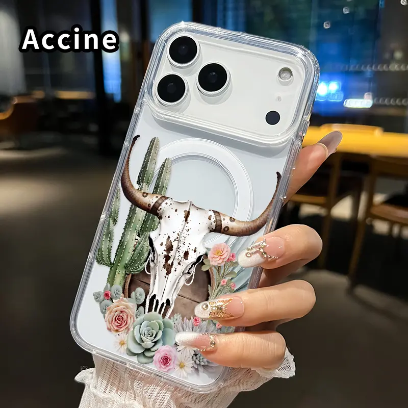 Magnetic Phone Case for iphone Supports Wireless Charging for iPhone 17 Pro Max 16 Plus 15 14 13 12 11 Air XR E Desert Floral Skull Pattern Anti-Yellowing Shockproof durable ultra-thin Crystal Transparent Acrylic Large Hole Cover, Smartphone, Handheld, Pr