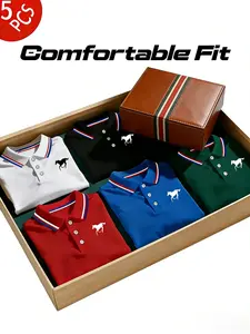 Men's Polo Shirt Set, Casual Fashion Homewear, Solid Color Short Sleeve Horse Print, Contrast Collar, Breathable Daily/golf Shirts