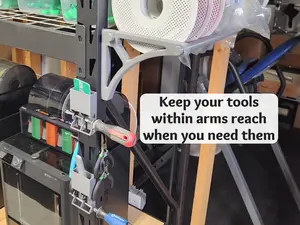 Filament spool and tool storage for 77" Muscle Gorilla rack, 3D printer workspace setup, metal shelf workflow organizer