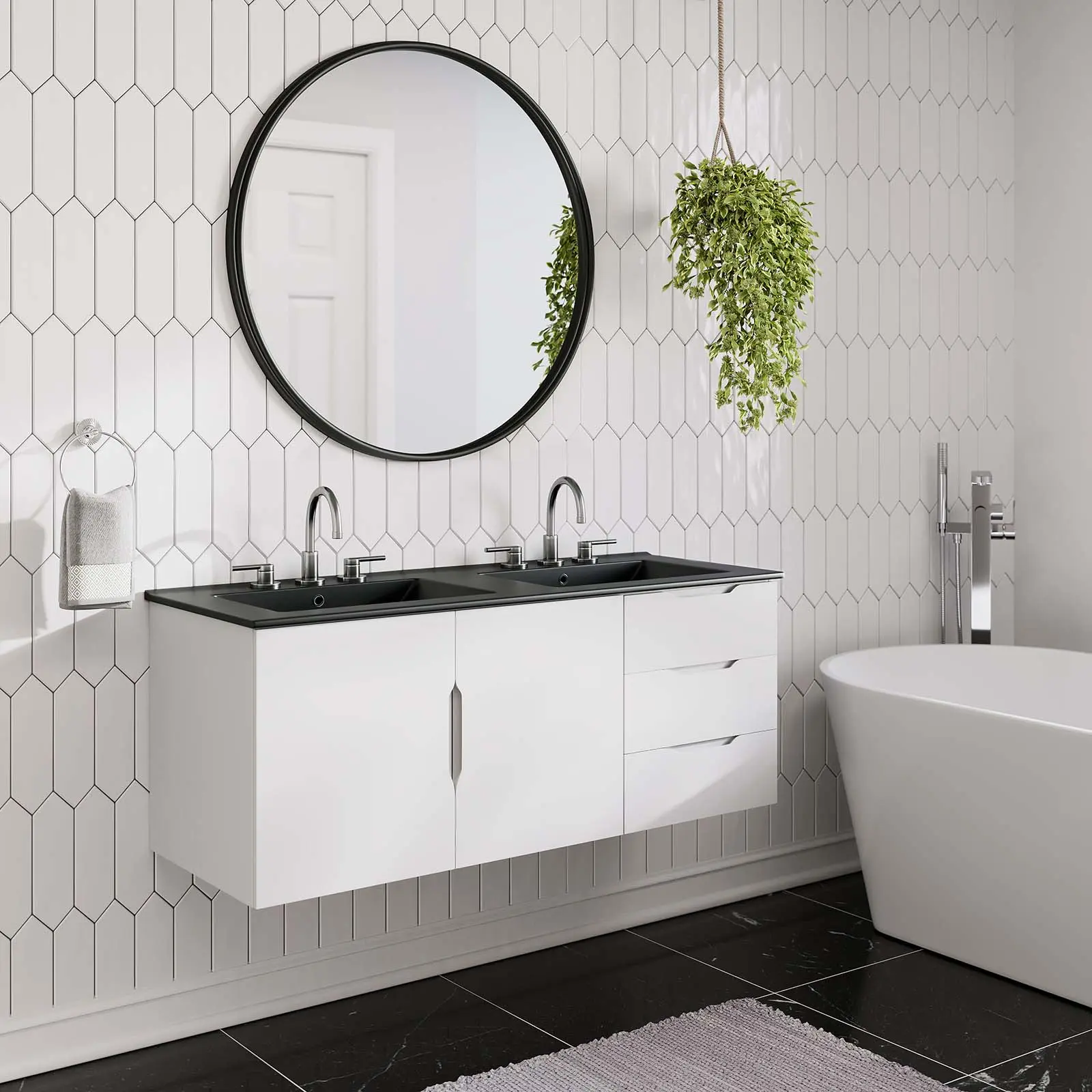 Modway Vitality 48" Modern Double Sink Bathroom Vanity Cabinet, Home Indoor Wall-Mount Bathroom Fixture Set in White-Black