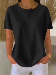 Fashion Round Neck Waffle Texture Summer New Solid Color Pullover Short Sleeve Top, Stylish Casual Wear for Women, Trendy Apparel
