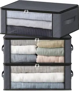 Storage 3-Pack Clothes Organizer Storage Bags Foldable Storage Box with Large Clear Window Sturdy Handles for Closet, Dorm, Pillows, Bedding, Clothes, Blankets, 35L, Gray HomeHacks