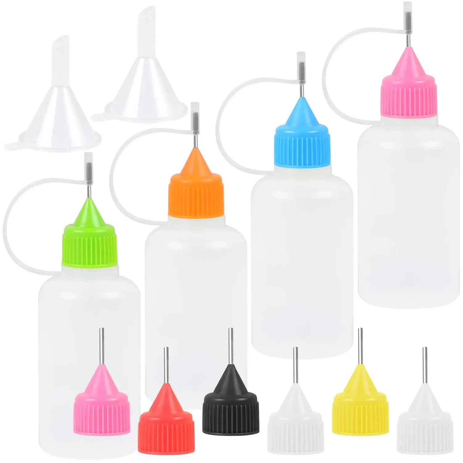 4PCS Durable Plastic Precision Tip Squeeze Refill Bottles (30ml/1-1.9 fl oz) with Multicolor Lids & 2 Mini Funnels, Home Supplies Organizer for DIY Crafts, Acrylic Painting, Paint and Paper Projects