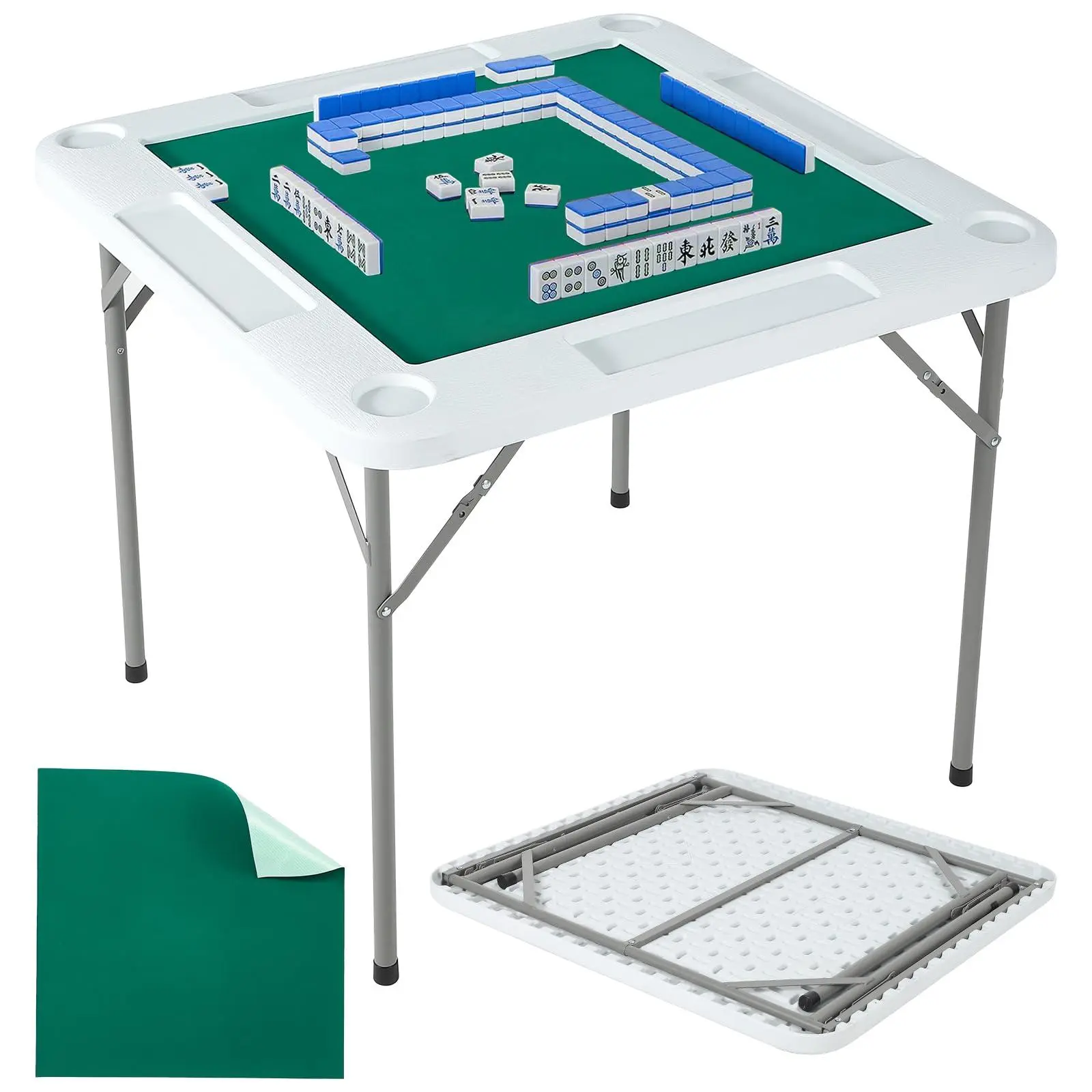 4-Player Foldable Square Mahjong Table - 35.4x35.4in Wear-Resistant Green Tabletop, Portable Card Desk with Cup Holders, Chip Trays & Foldable Legs for Poker Puzzles