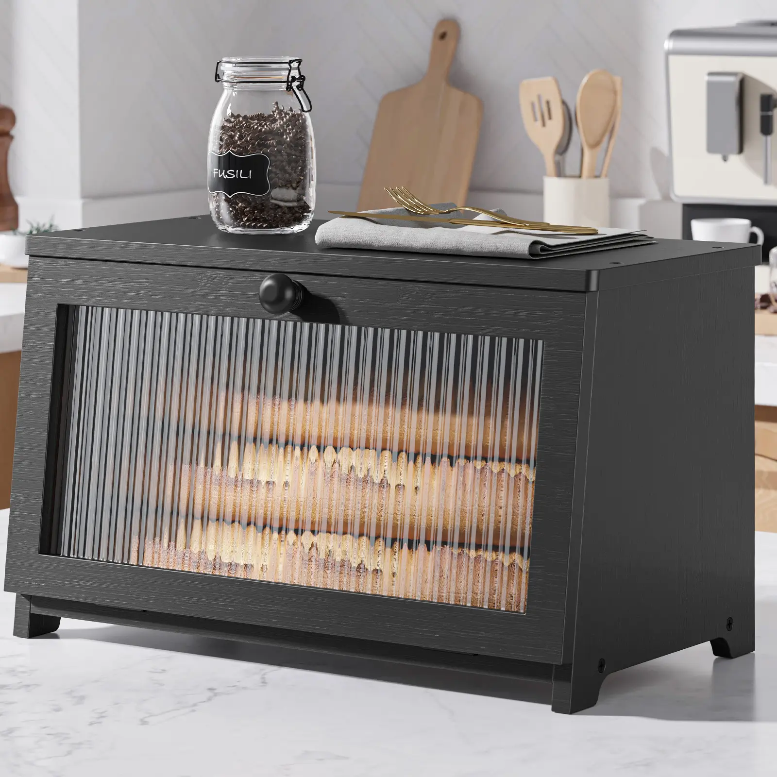 Black Bamboo Double-Layer Bread Box - Large-Capacity Bread Storage Containers for Kitchen Counter