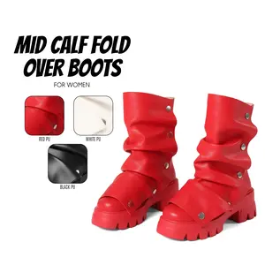 Mid Calf Fold Over Boots for Womens Round Toe Slouchy Chunky Platform Block Heels Detachable Snap-off Panel Easy Pull On Casual Date Dress Party Concert Outing Outdoor Fashion Summer Shoes Combat Booties Deals For You Days Footwear Leather
