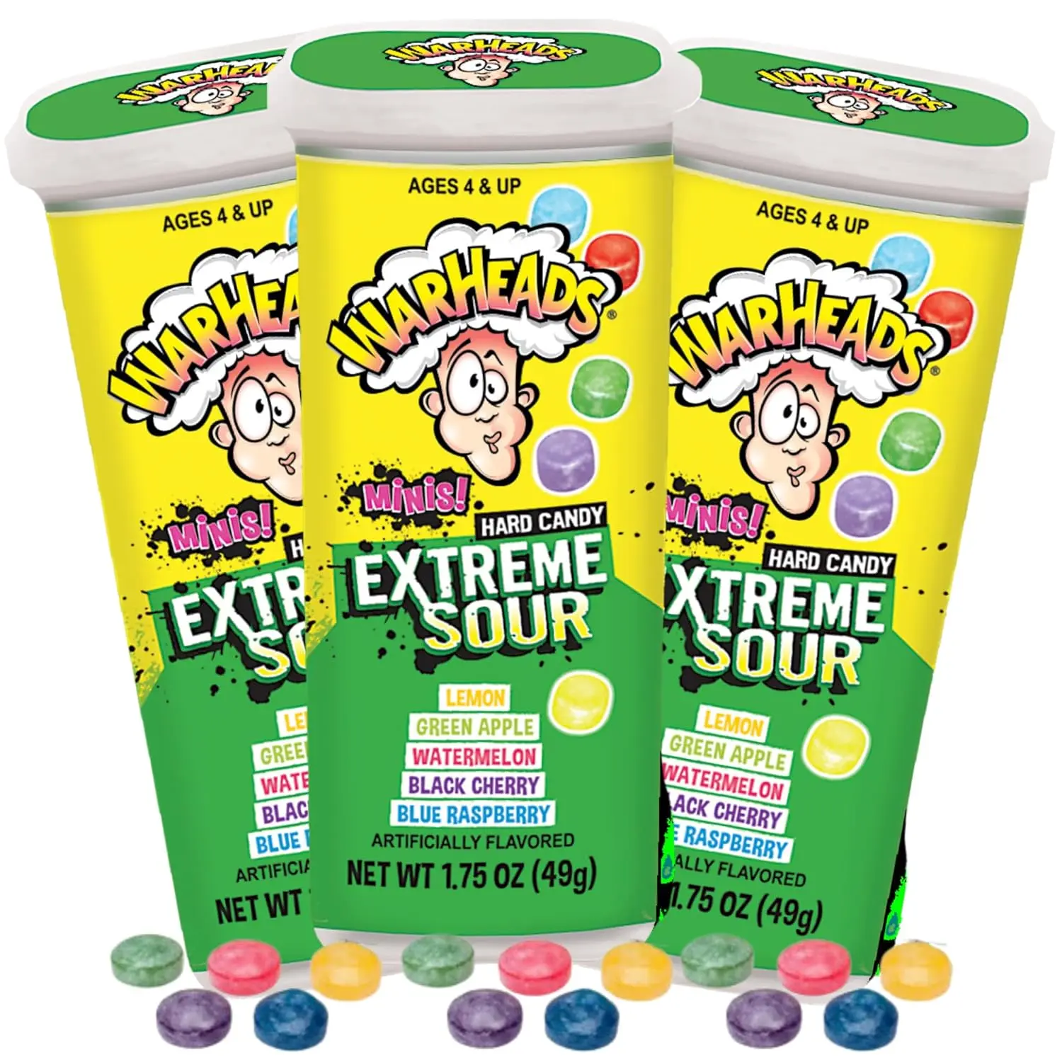 Sweetzo Warheads Minis Extreme Sour Hard Candies, Assorted Fruit Flavors, 1.75 Ounces (Pack of 3)