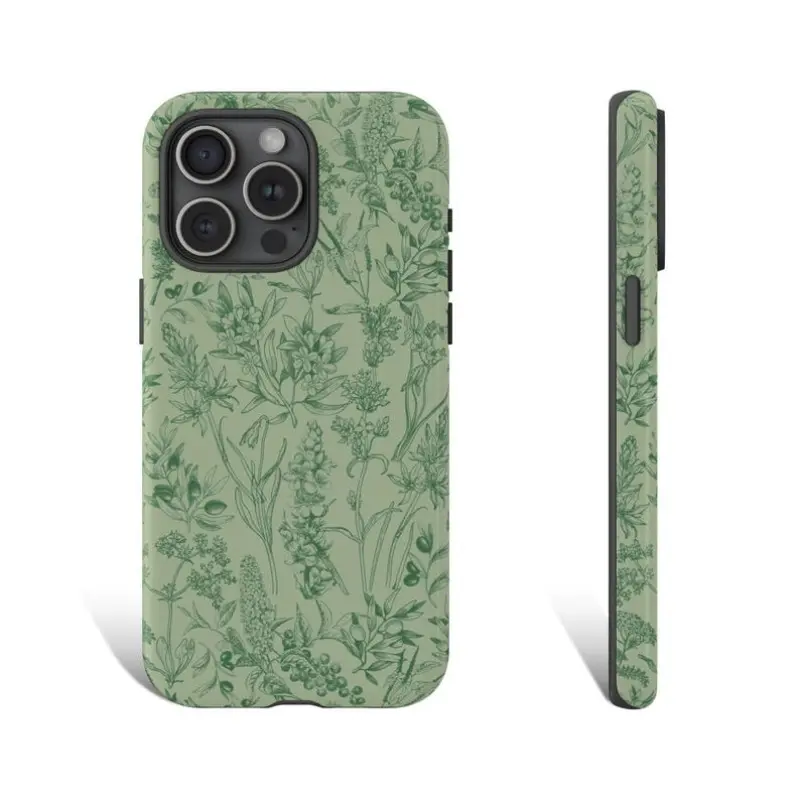 Wildflower Floral Sage Green Polycarbonate Shockproof iPhone Case - Durable Protection Accessory for iPhone 11,12,13,14,14 Plus,15,16,17 Pro Max, Air, Plus Mobile Devices, Accessories, Cellphone, Iphone14 Plus
