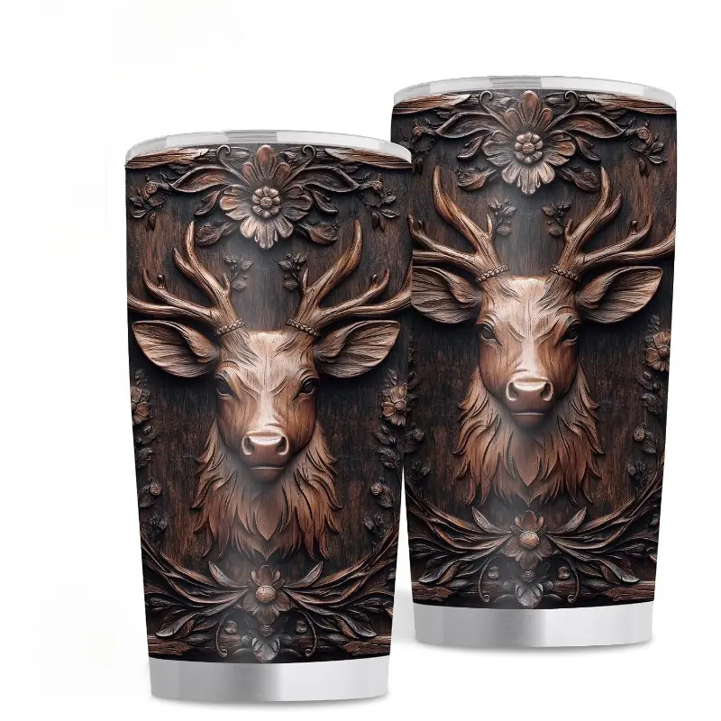20oz Cylindrical Deer Print Insulated Stainless Steel Tumbler for Men - Leakproof Straw Lid, Double Wall Insulation, 500-1000ml, Slim Portable, Cup Holder-Fit, Outdoor/Cabin Use, Coffee/Casual Use