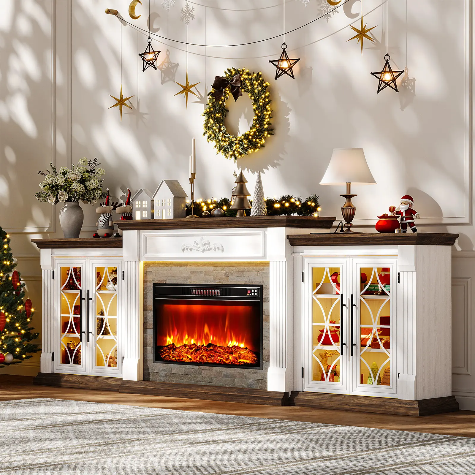 LGHM 104"  Electric Fireplace with Mantel,Farmhouse TV Stand with 3D Electric Fireplace, Large Storage LED TV Stand,3-in-1 Modular Entertainment Center for TVs Up to 110 Inch, LED Flame Effect Heater Insert with Storage Cabinets & Power Outlet