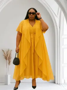 CS 2PC Elegant Golden Yellow Jumpsuit With Flowing Jacket