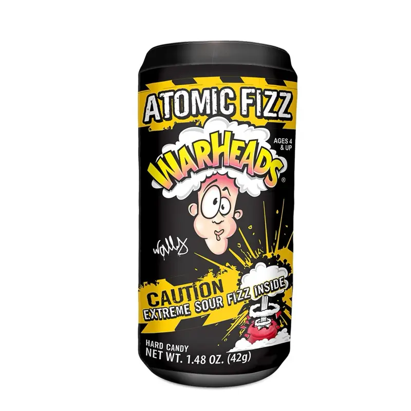 WARHEADS Atomic Fizz Extreme Sour Fizzy Hard Candies, 1.48 oz Compact Resealable Canister, Individually Wrapped Assorted Snack for All Ages, Cherry, Blue Raspberry, Blueberry, Lemon, Watermelon Fruity Treats, Pocket-Size Fun