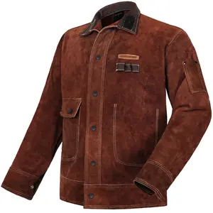 Heavy Duty Cowhide Welding Jacket Brown Leather Coat with Durable Pockets and Secure Fastening