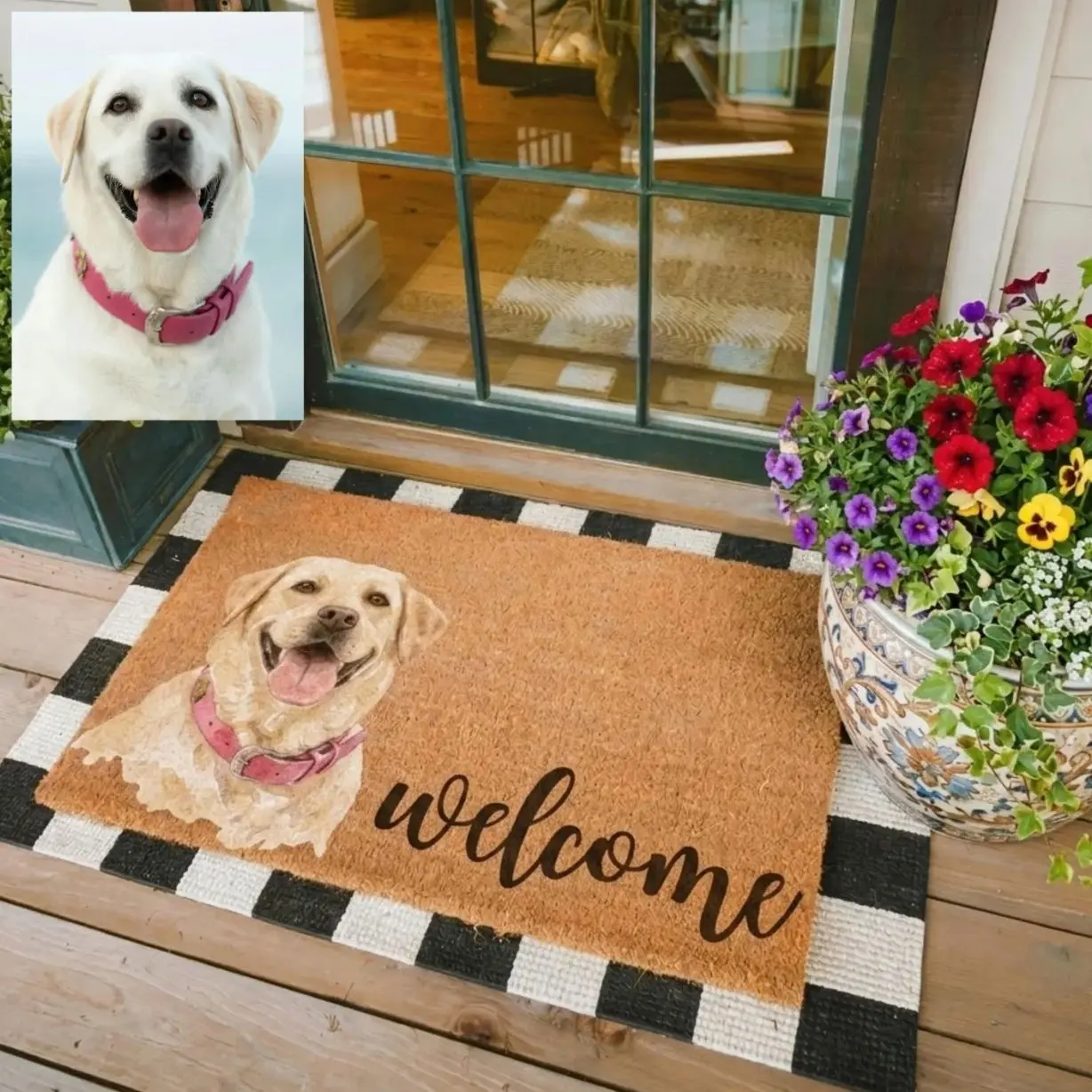 Personalized Pet Watercolor Portrait Doormat, Custom Dog Photo Welcome Mat, Cats Lover Housewarming Gift