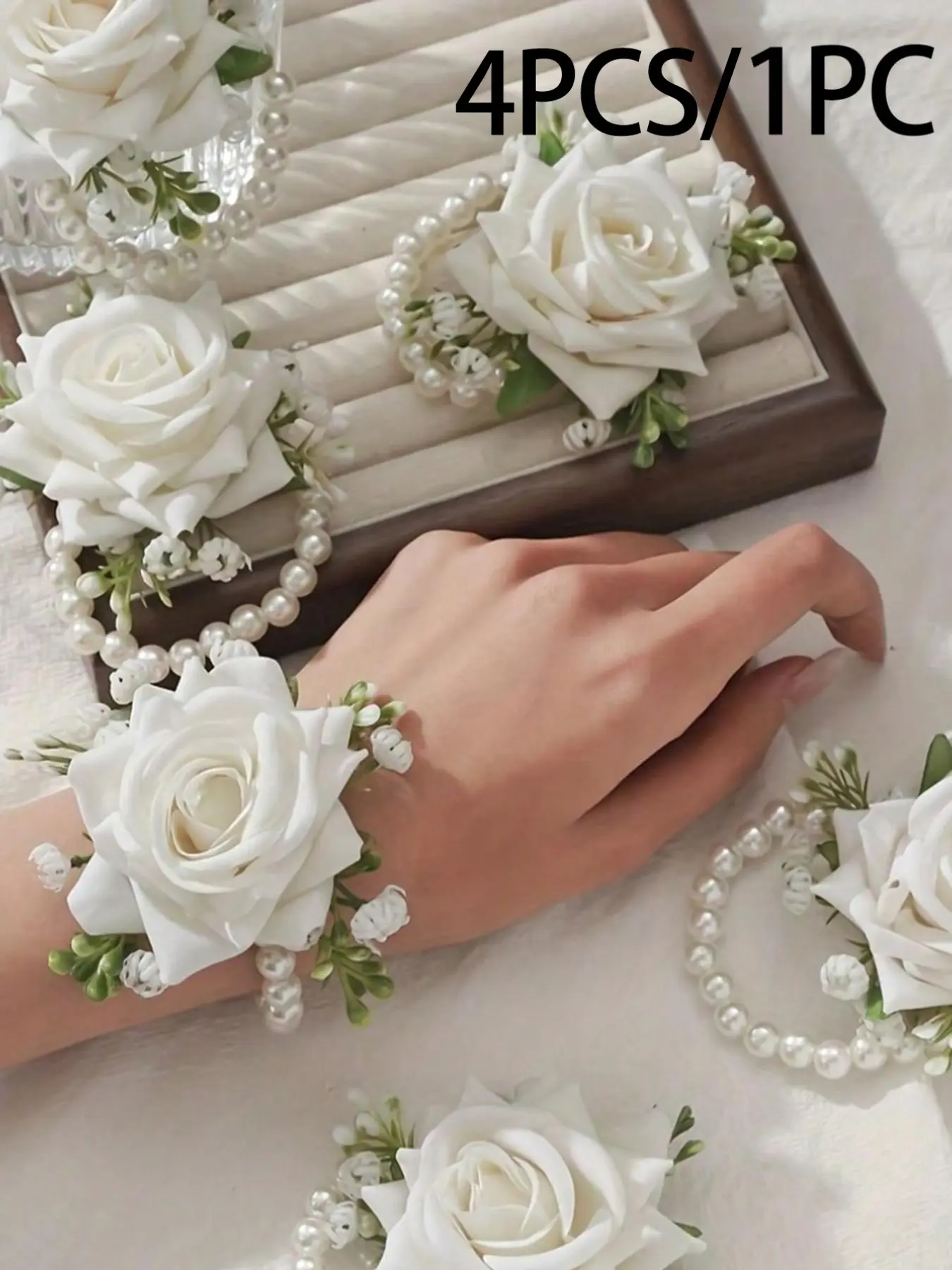 Elegant Artificial Rose Wrist Corsage Floral Decoration, Starry Sky and Faux Pearl Chain, Long-Lasting Comfort, Perfect Wedding Accessory, Artificial Flower Decorations
