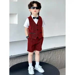 Boys' Metallic Red Tuxedo Suit Set - 1-2y, 3-4y, 5-6y, 7-8y Sizes - Ideal for Stage Performances, Ring Bearer Outfits