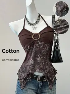 ADD2FIT x EZwear Summer Y2k Vintage Grunge Vacation Outfits Brown Paisley Top Woman Retro Print Through Top