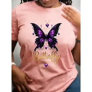 100% Cotton, Black and Purple Gradient Butterfly "Butterfly" Print Pattern T-Shirt, Women's Fashion, Women's Casual Short Sleeve, 2026 New Style, Women's Clothing, Women's Casual Short Sleeve Round Neck Pattern Print T-Shirt