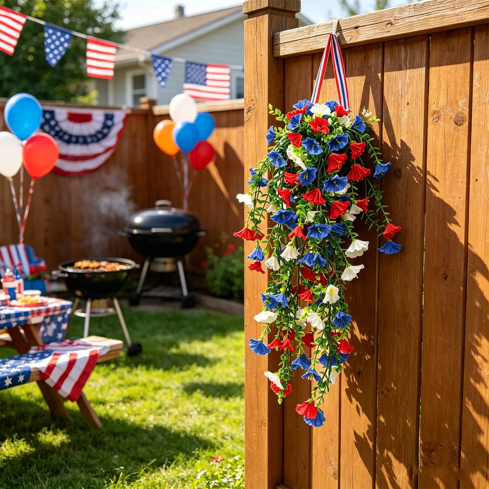 Artificial Flower Trumpet Vine, Independence Day Bouquet, Faux Flower Bouquet, Blue Flag Design, Durable Plastic, Decorative Indoor Outdoor Decor, Patriotic Floral Arrangement, Artificial Bouquets, Floral Decoration, Flower Arrangements