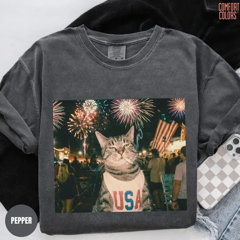 Comfort Colors Patriotic Smoking Cat Shirt, Vintage 4th of July Tee, Funny American Cat Shirt, Independence Day Shirt, Retro USA Meme Tee