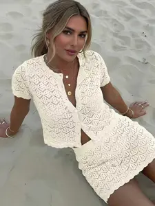 Women's Summer Crochet Mesh Hollow Out Beach Short Sleeve Knit Cardigan & Shorts Set, Womenswear Sexy Slim Fit Clubwear Two-Piece Suit