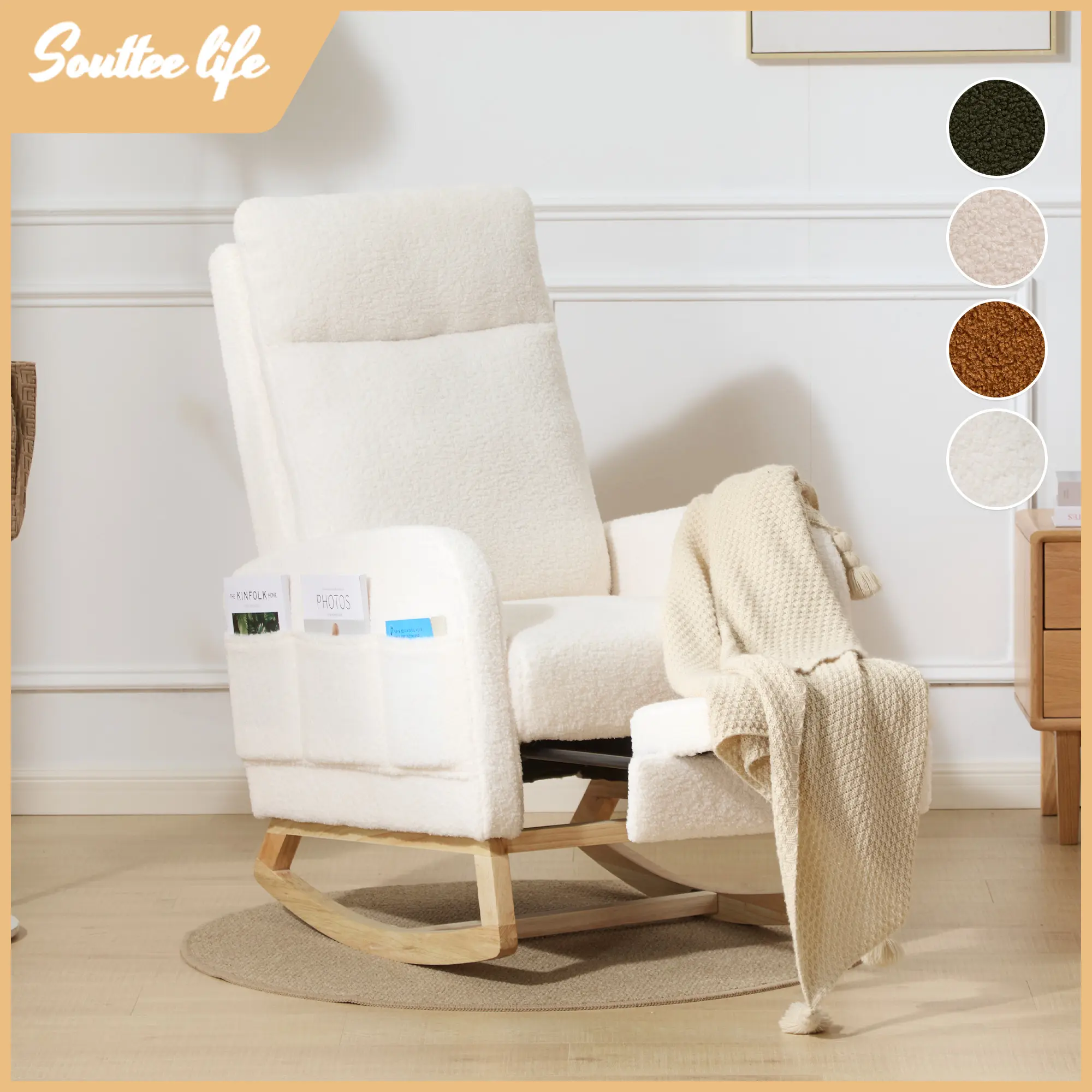 Rocking Chair Nursery, with Footrest/Side Pockets/Back Upholstered, Teddy Fabric Indoor Rocker Chair, Comfy Gift for Mom Mother, Living Room Chairs Bedroom Reading Office Cozy Leisure Chair Home Leisure Chair
