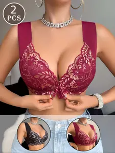 Women's Front Buckle Bra Set, Easy Wear Lace Floral Wireless Bras, Wide Shoulder Straps, Casual Full Coverage Fit, All Seasons
