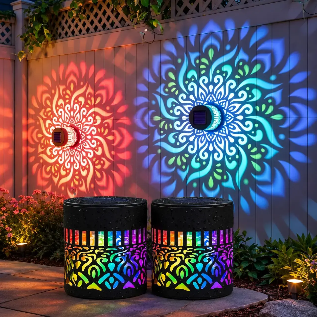 Solar Mandala LED Lights - Solar Landscape Fence Lamps, 7 Vibrant Colors Changing, Hollow Datura Projection, 7-8 Hours Nighttime Lighting, Water Resistant for Garden Party Decor