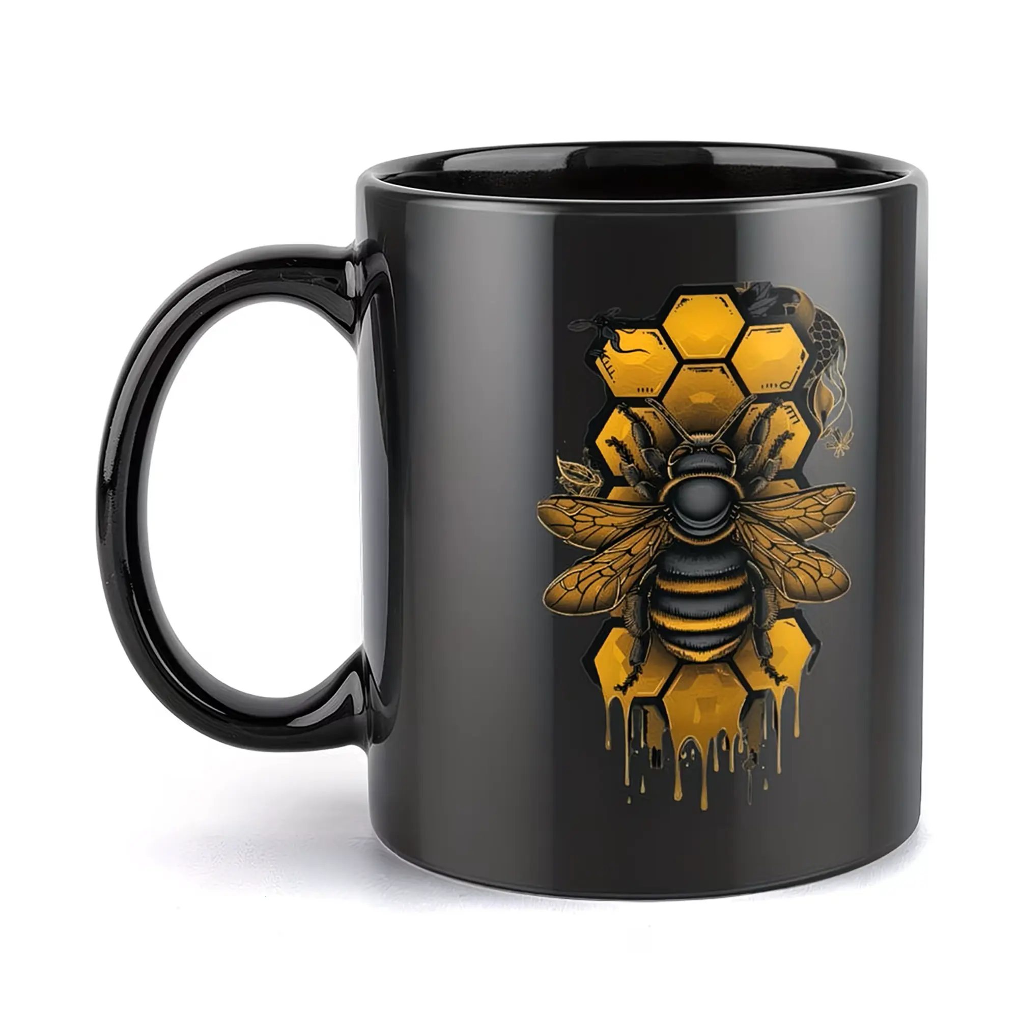 Honey Bee Coffee Mug - Gothic Honeycomb Black Ceramic Cup for Bee Lovers and Beekeepers - Birthday, Housewarming and Holiday Gift
