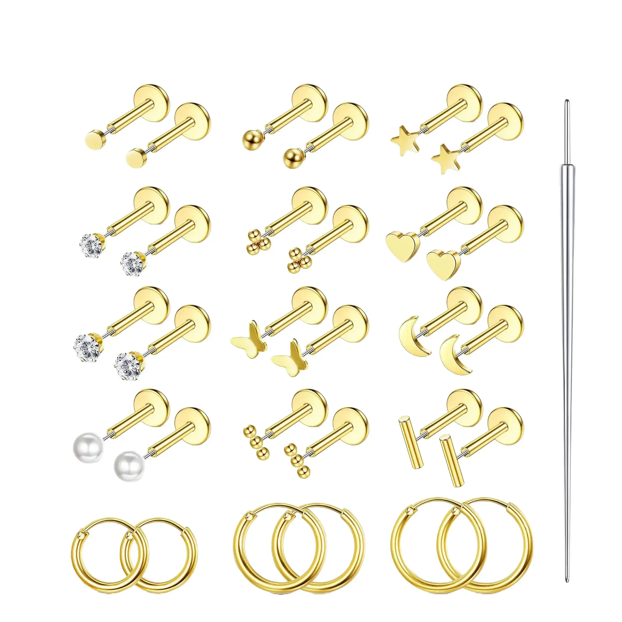 ORAZIO Small Flat Back Earrings Push in Studs for Women Men Hypoallergenic 14K Gold Plated Surgical Steel Threadless Hoop Cartilage Set for Multiple Piercings
