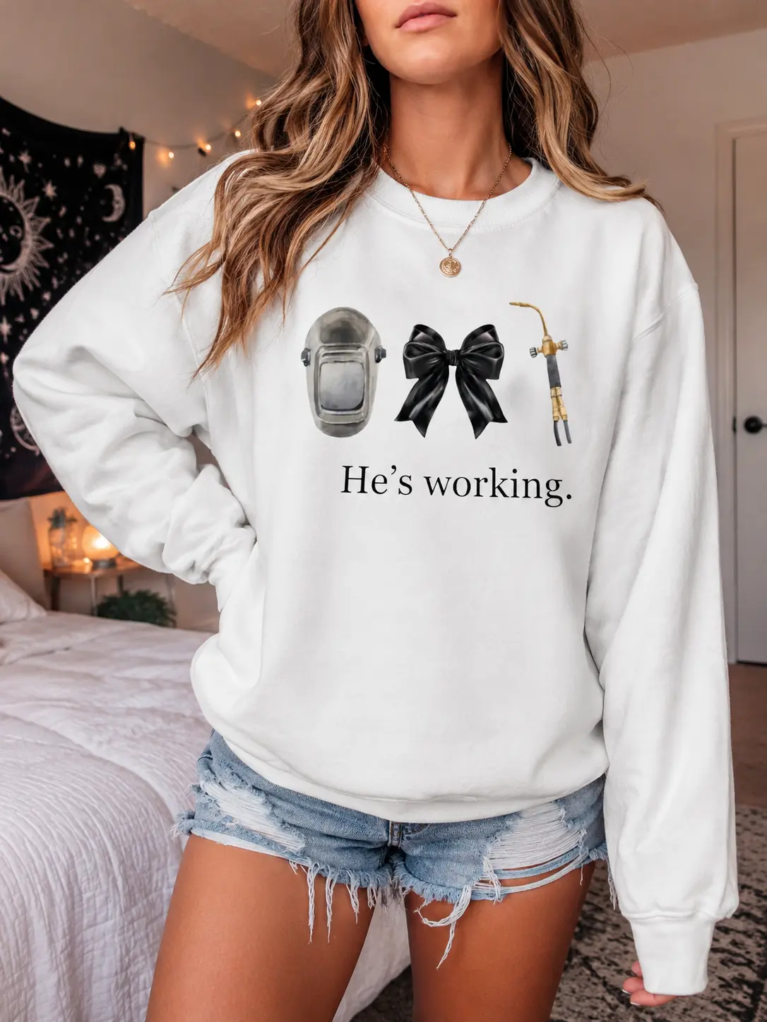 Women's Blue Collar Welder Wife Fleece Hoodie - Proud Welding Spouse Polyester Yarn Fabric Crewneck Pullover, Trades Family Graphic Apparel, Birthday/Christmas Gift For Her