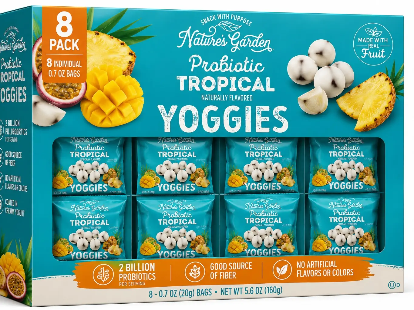 Nature's Garden Probiotic Tropical Yoggies Snack Pack - 8 Individual 0.7 oz Bags, Yogurt-Coated Tropical Fruit Snacks with 2B Probiotics & Fiber