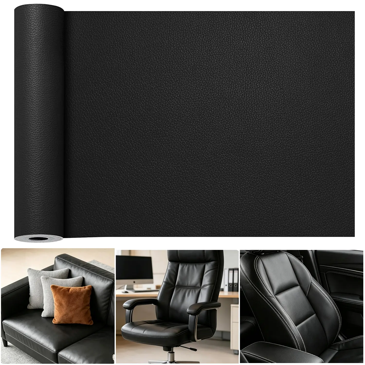 Leather Repair Tape, Self Adhesive Leather Repair Patch for Furniture, Car Seats & Couches. Vinyl Repair Kit 3x60in (Black)