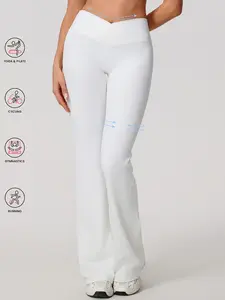 Women's Fashion Ribbed Wide Leg High Waisted Yoga Pants, Shaping Leggings, No Pocket Slim Fit Cross Front Design, Soft Polyester Spandex Fabric