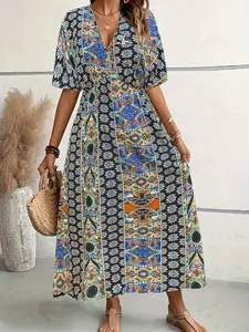 Women's Plus Size Floral Print Dress, Loose Fit Full Body Leaf Pattern, Oversized Hemline, Casual Fashion Bohemian Long Sleeve Dress