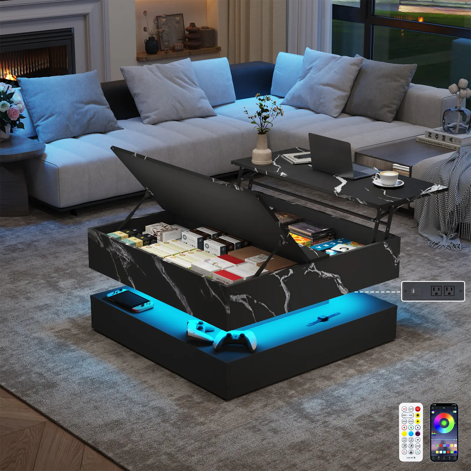 35.4" Large Square Coffee Table with Lifting top,Charging Station,Modern 2-Tier Square Center Table w/Hidden Compartment Storage,Tea Table with Wood Grain for Living Room, Office,Black Marble/White Marble/Black
