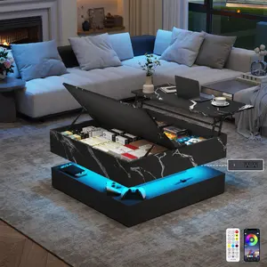 35.4" Large Square Coffee Table with Lifting top,Charging Station,Modern 2-Tier Square Center Table w/Hidden Compartment Storage,Tea Table with Wood Grain for Living Room, Office,Black Marble/White Marble/Black