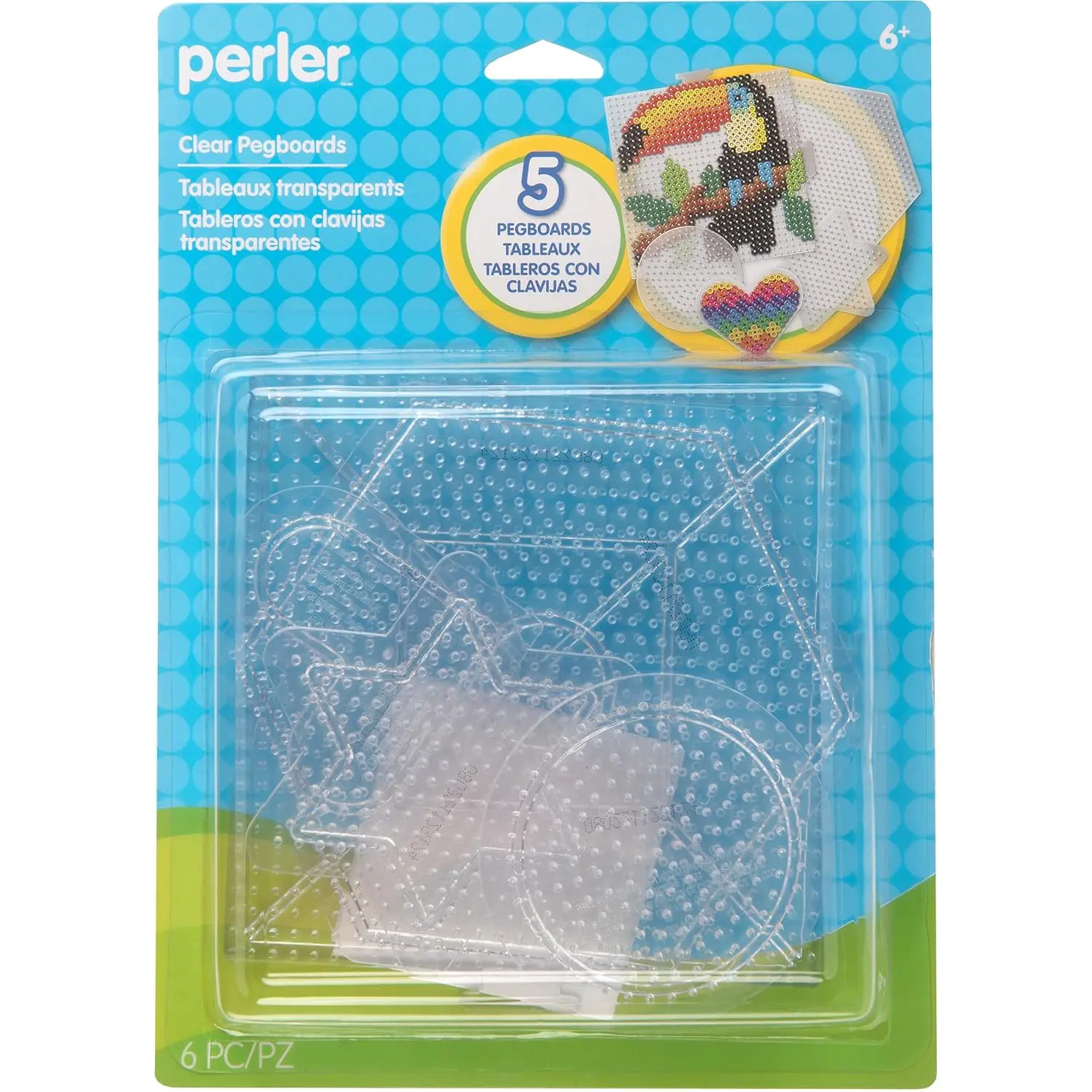 Perler Assorted Clear Plastic Pegboards for Fuse Bead Kids Crafts, 5 Shapes with Reusable Ironing Paper, 6 Piece Set