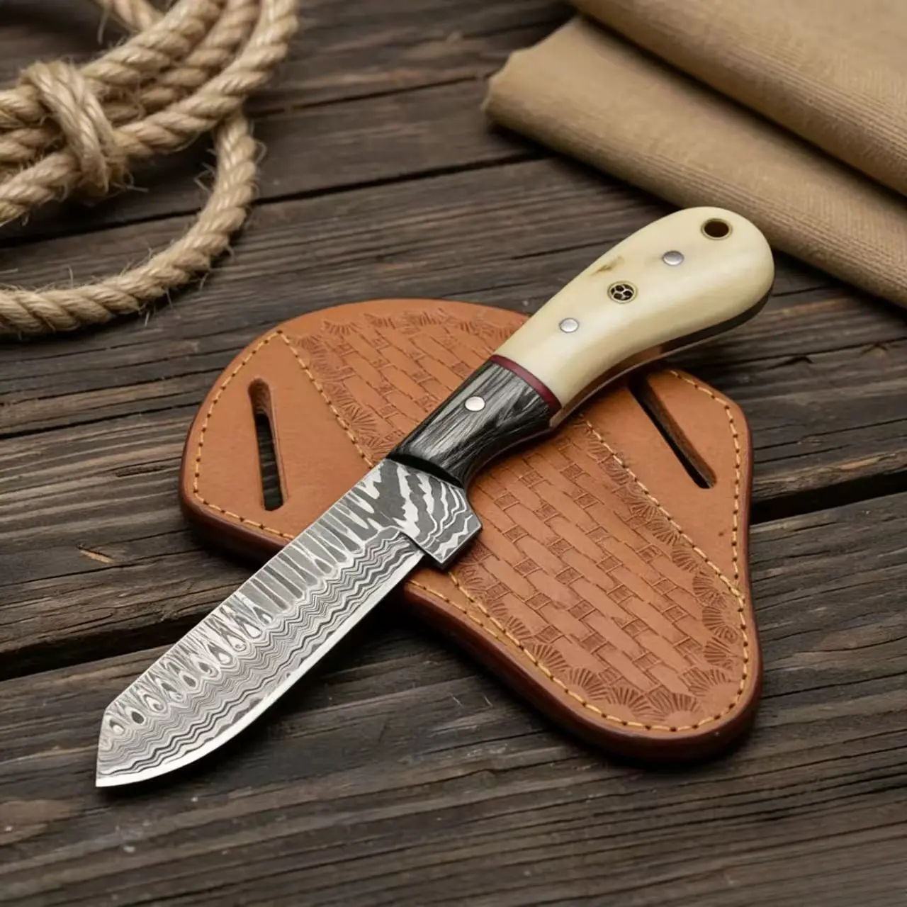 Cowboy Knives with Leather Sheath - 8" Sharp Handmade Damascus Bull Cutter Knife - EDC Fixed Blade Hunting Knife for Skinning, Camping, Bushcrafting and Outdoor Activities, white Yifanyou Sports