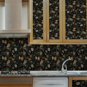 1 Roll 17.7 x 118 Inches Boho Floral Black Gold Vintage Self-Adhesive Wallpaper, Waterproof Removable Peel and Stick Vinyl, for Bedroom, Kitchen Accent Wall Home Decor, Easy Application Bohemian Style Contact Paper