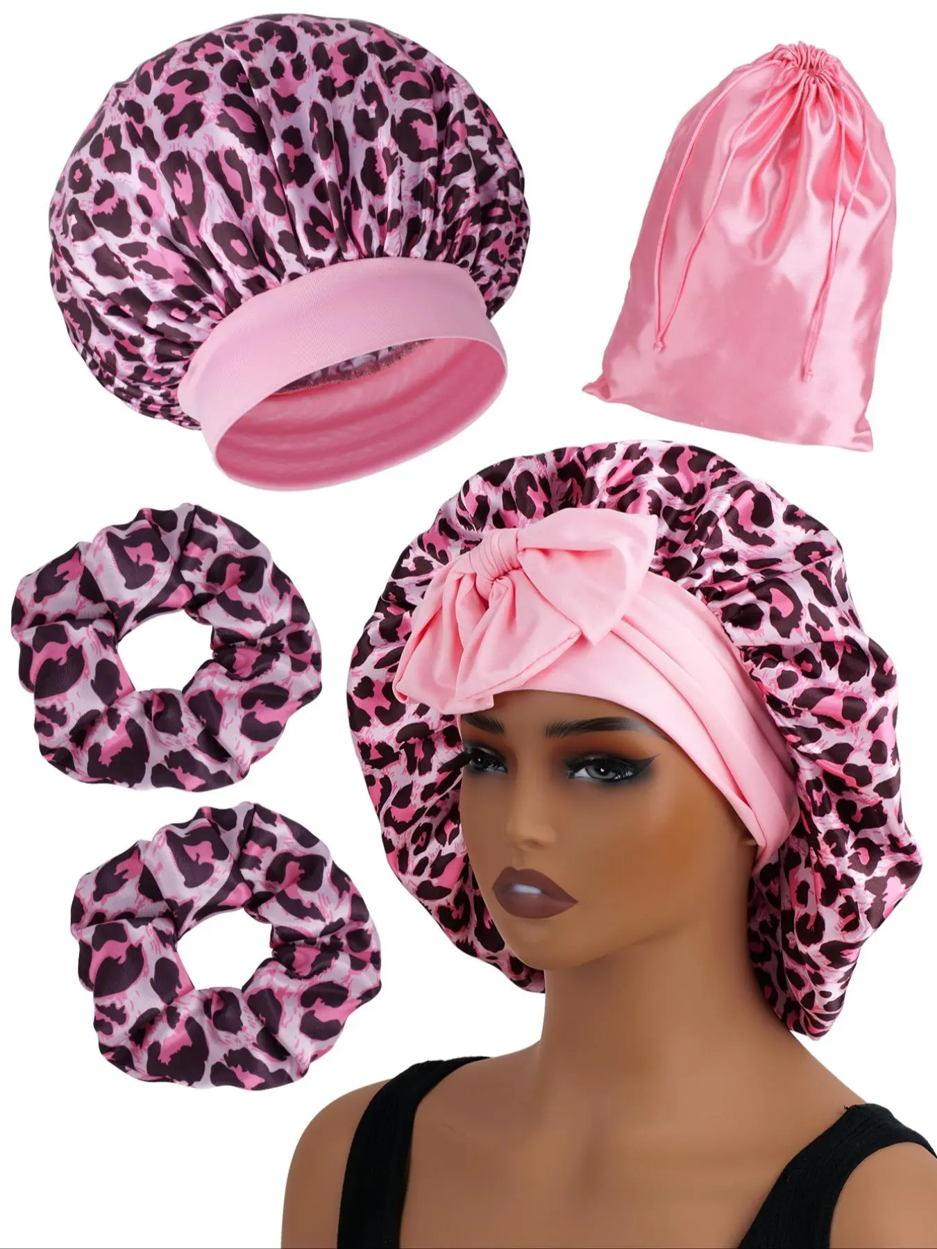 Leopard Print Bonnets Set, Kit Includes Sleep Caps and Storage Bags, Adjustable Wide Band Design, Soft Satin Silk Material, Perfect Gift, Adjustable Hair Bonnet, Elastic Hair Bonnet, Bonnets for Sleeping