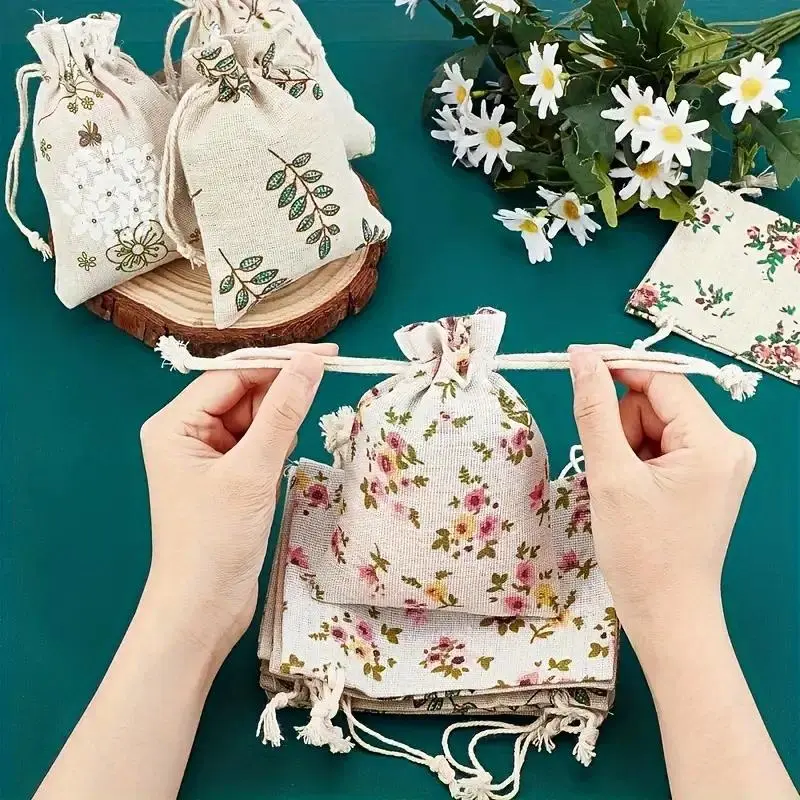 50 Rustic Floral Print Linen Drawstring Storage Bags - 5.5x3.9 in, Ideal for Jewelry, Wedding Favors, Christmas, Graduation, Valentine's Day, Birthdays, Anniversaries Home Organization & Craft Use