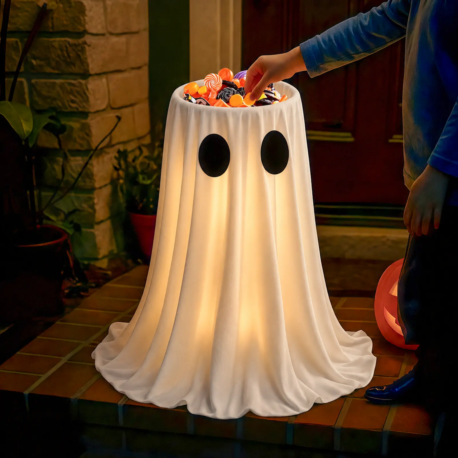 Halloween Glowing Ghost Candy Holder Bowl, Festive Decor with String Lights, Timer & Remote for Trick-or-Treating, Lawn Outdoor Indoor Use to Light Up Your Space