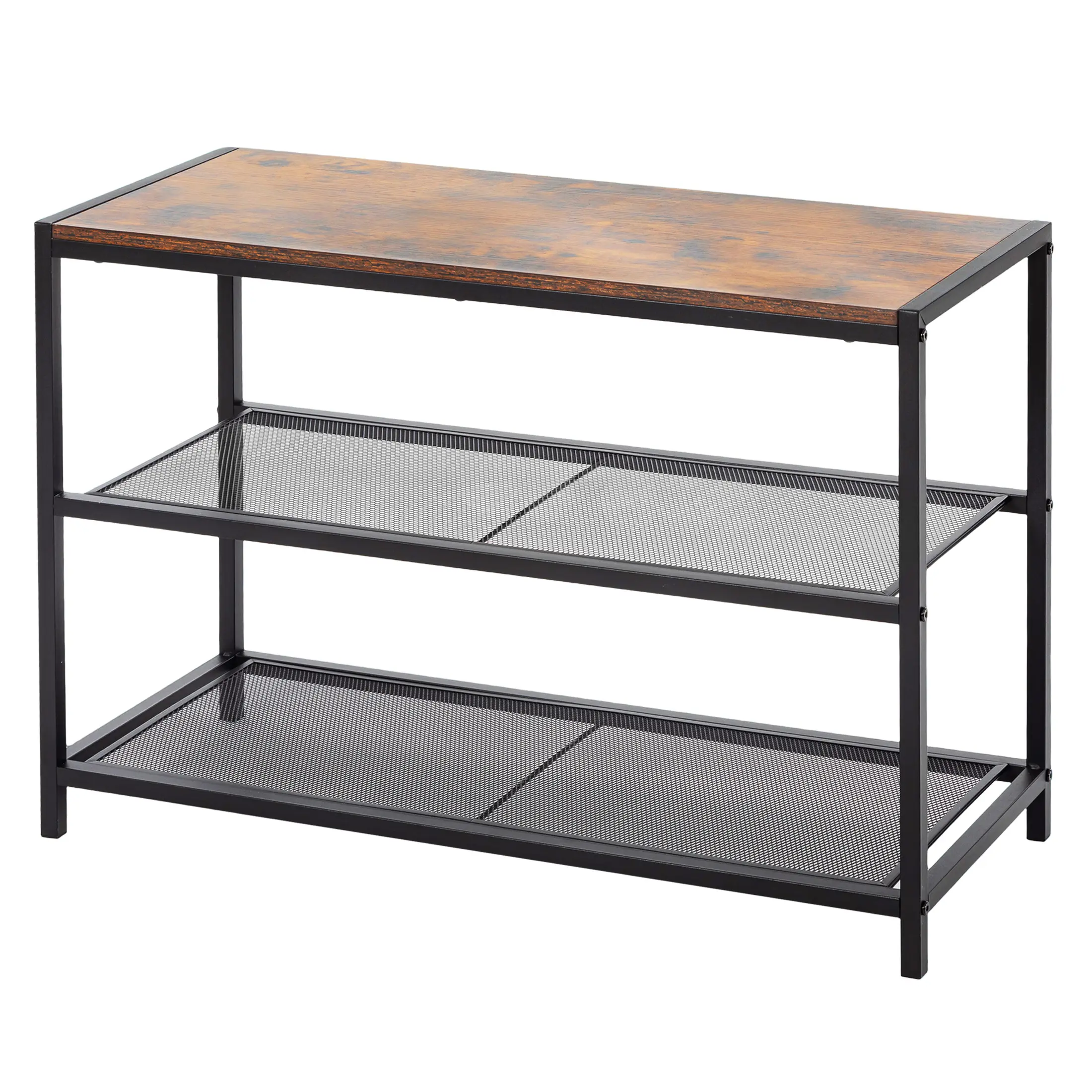 Sweetcrispy 3-Tier Industrial Wooden Shoe Bench Organiser - Compact Engineered Wood, Stable Metal Base, Rustic Mesh Shelves, Easy Setup Free-Standing Indoor Furniture for Entryway