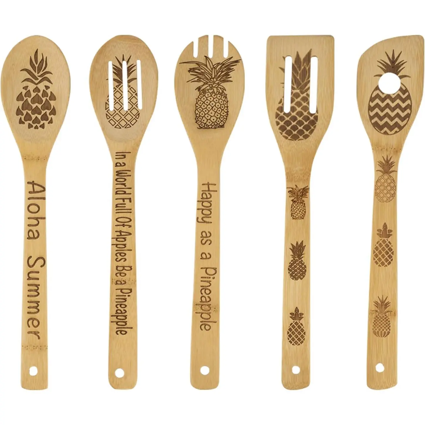 5 count Pineapple Wooden Cooking Spoons,Pineapple Gifts,Pineapple Kitche Decor, Pineapple Carve Burned Bamboo Spoons,Pineapple Gifts for Women Housewarming wedding Birthday Mom Cooking Gifts